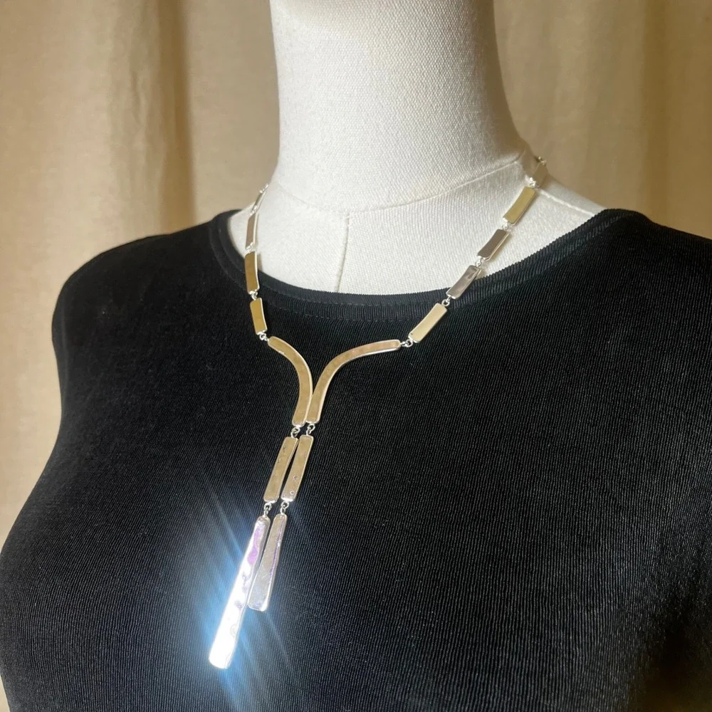 RLM Studio Hammered‎ Silver Tone Modernist Drop Necklace Statement Sculptural